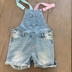 Vigoss Light Wash Denim Short Overalls with Pink and Blue Straps